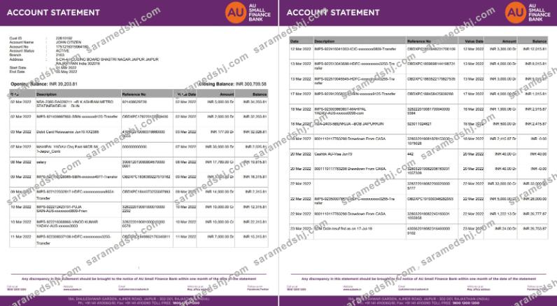 India AU Small Finance bank statement 5 pages